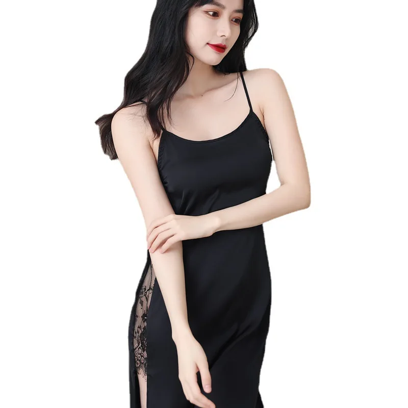 Sexy Fantasy Silk Suspenders Nightdress Slit Lure Fun Nightgown Woman Ice Silk Round Neck Pajamas Dress Summer  Lace Sleepwear