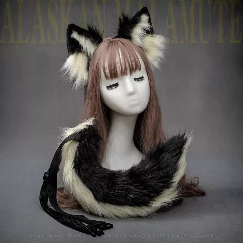 

Lolita Faux Fur Plush Wolf Ears Hair Hoop Headwear Halloween Cosplay Hairbands +Tails Set Costume Headband Props
