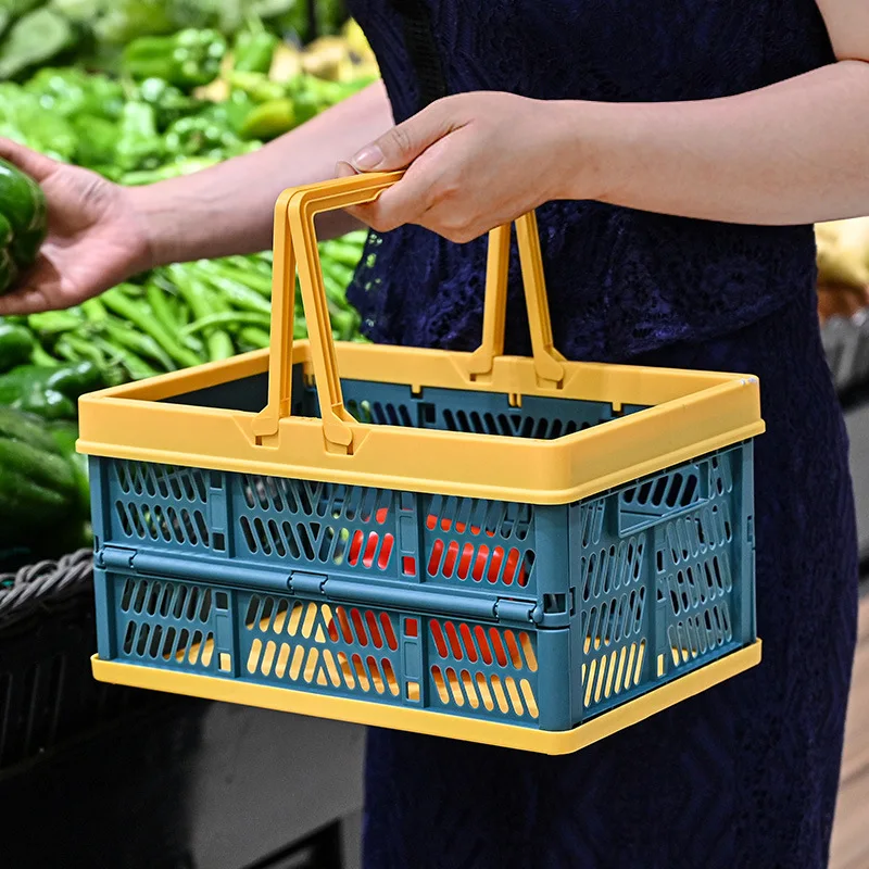 

Folding Hand Basket Large Shopping Basket Picnic Basket Supermarket Snack Shopping Basket Portable Home Plastic Basket