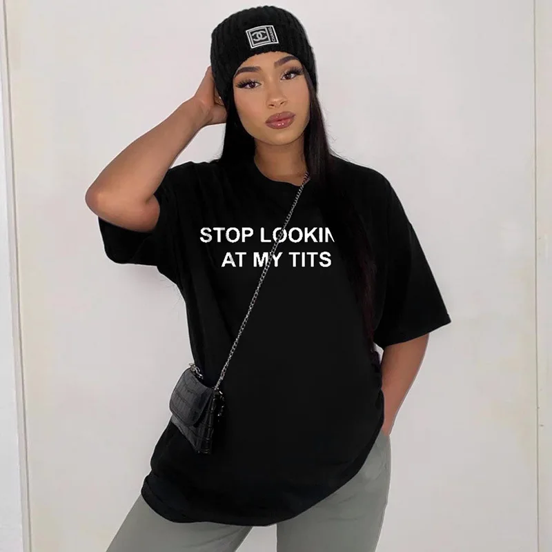 

Black Women's Loose Casual T-shirt Summer New Loose Fashion Plus Size British Long T Street Style Top STOP LOOKING AT MY TITS