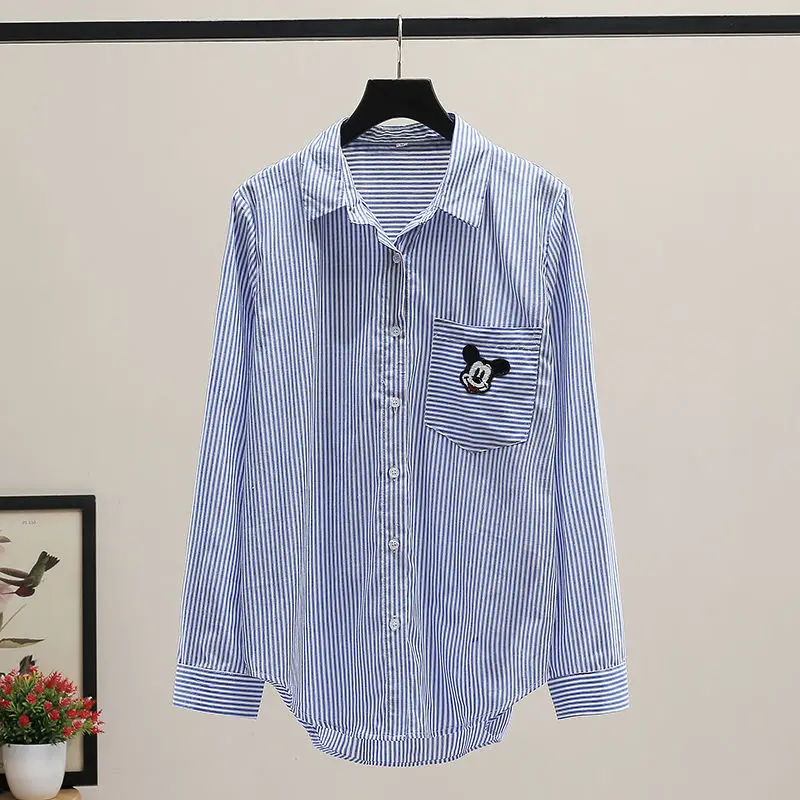 

Blue Striped Blouse Women Office Shirts Mickey Mouse Print Tops Elegant Long Sleeve Lady Spring Autumn Loose Casual Blusas Mujer