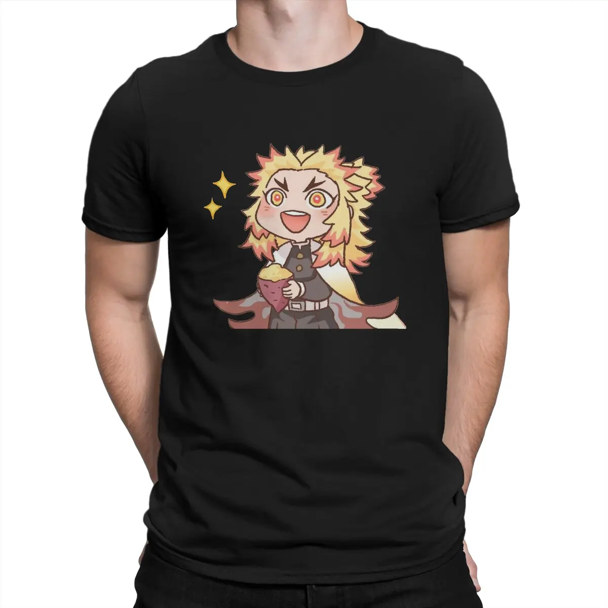 

Funny Smiling Rengoku Eating T-Shirt Men Crewneck Pure Cotton T Shirts Demon Slayer Kamado Tanjirou Nezuko Short Sleeve Tees