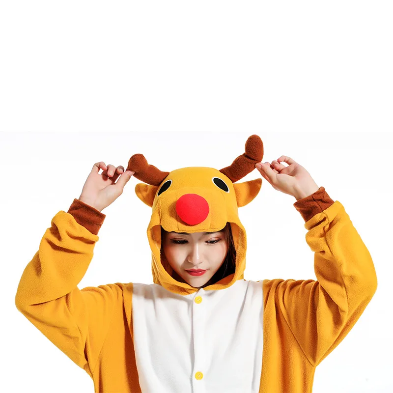 Unisex Winter One-Piece Cartoon Mi-Lu Pajamas With Two Antlers Polyester WarmComfort Double Breasted Length To The Thigh Cosplay