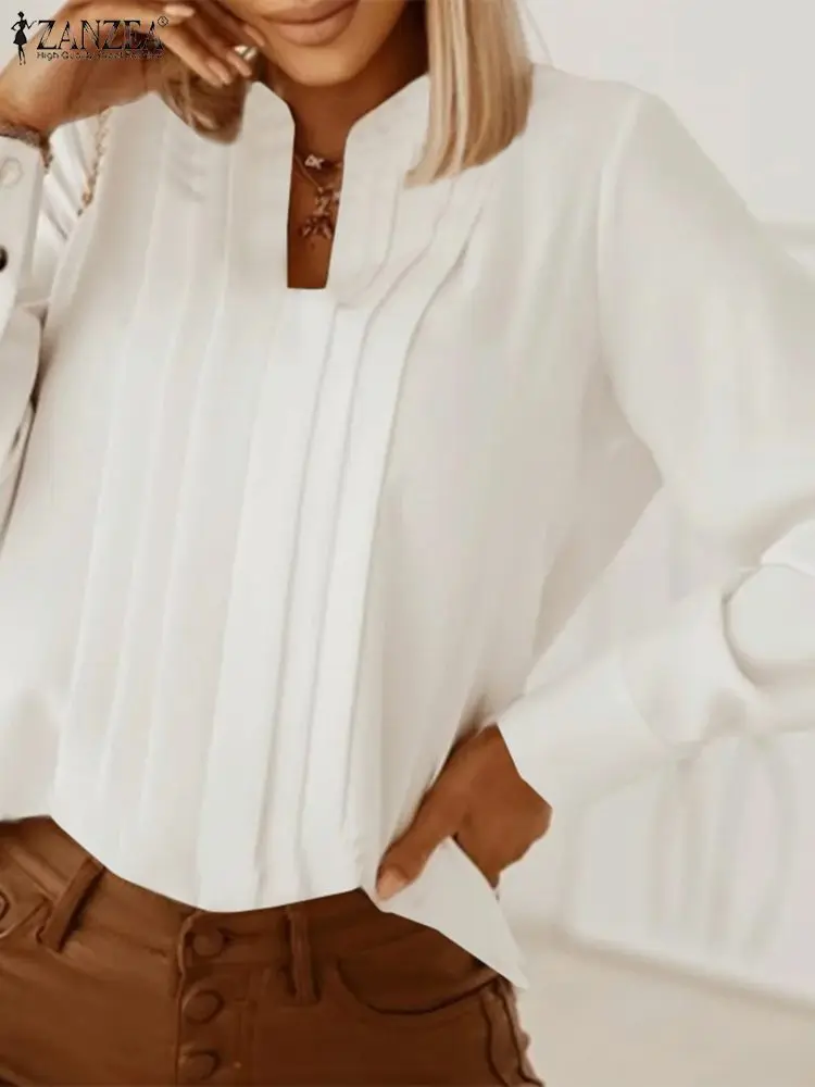 

ZANZEA Women Spring Solid Color Blouse Bohemian Fashion Casual Oversized Baggy Tops Long Sleeve V-Neck Stylish Pintuck Shirts