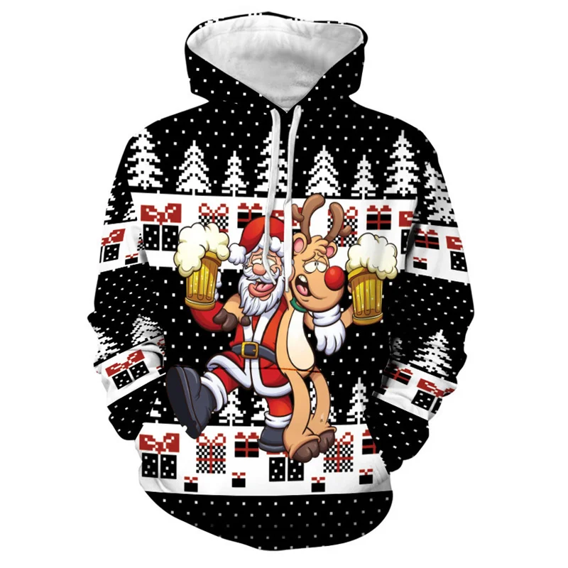 3D Printed Santa Claus Deer Beer Hoodies For Men Christmas Pattern Pullovers Casual Hooded Long Sleeves Sweatshirts Loose Tops