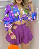 hirigin 2021 two piece sets suits clothes summer women casual fashion printing long sleeve tie up cardigan hollow shorts casual