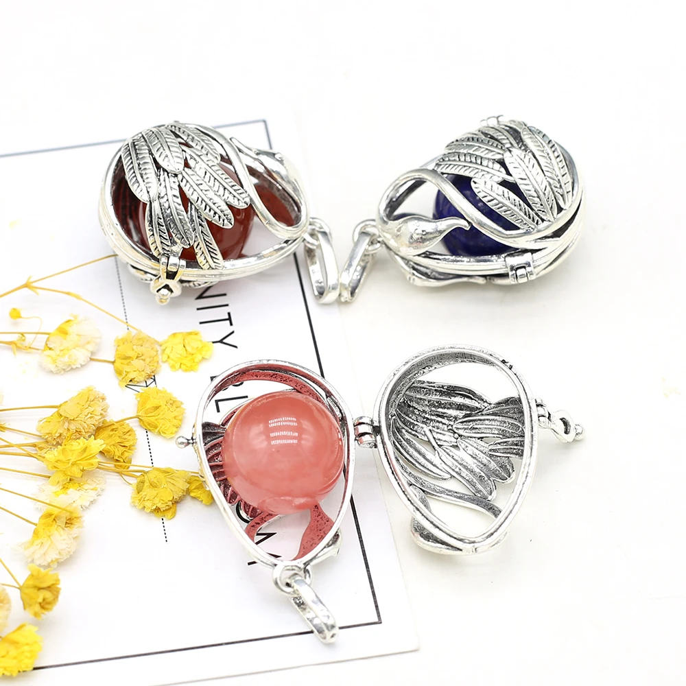

Natural Stone Pendant Alloy Swan Cage Round Lapis Lazuli Clear Quartz Bead Charms for Jewelry Making DIY Necklace Accessory Gift