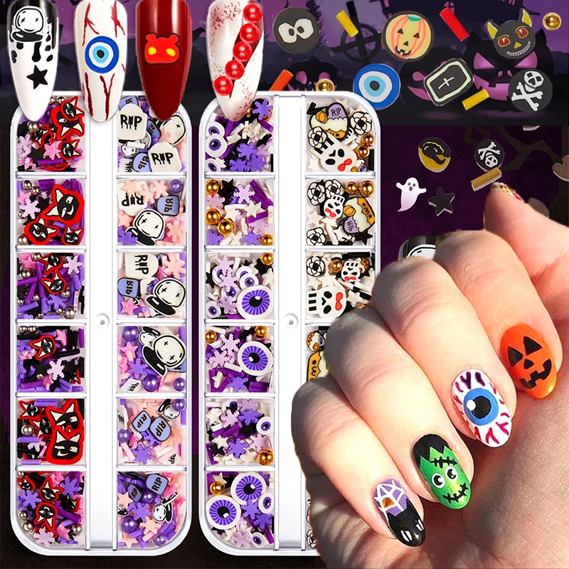 

12 Grids Halloween Nail Charms Soft Clay Sequins Nail Art Jewelry 3D Skeleton Spider Pumpkin Bat Witch Ghost DIY Nail Decoration