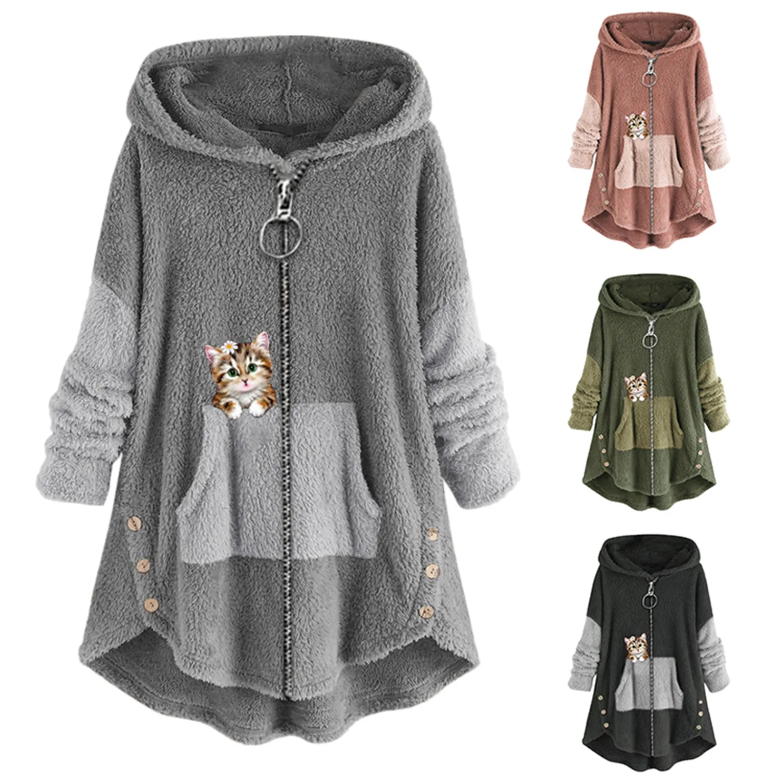 

Women's Fashion h Zipper Cat Print Long Sleeve Stitching Warm Sweater Tops Coat Winter Running Fleece
