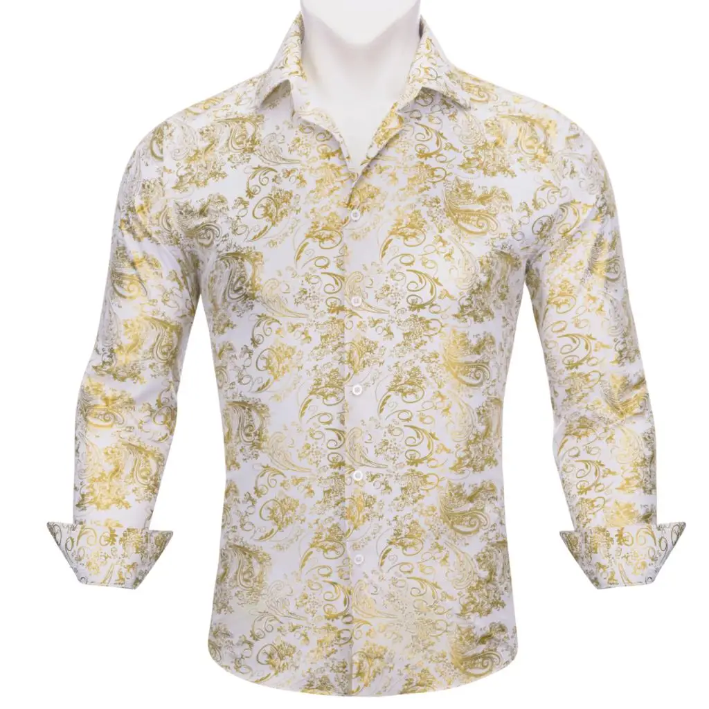 

Luxury Designer Mens Shirts Long Sleeve Silk Gold White Embroidered Flower Slim Fit Male Tops Regular Casual Bloues Barry Wang