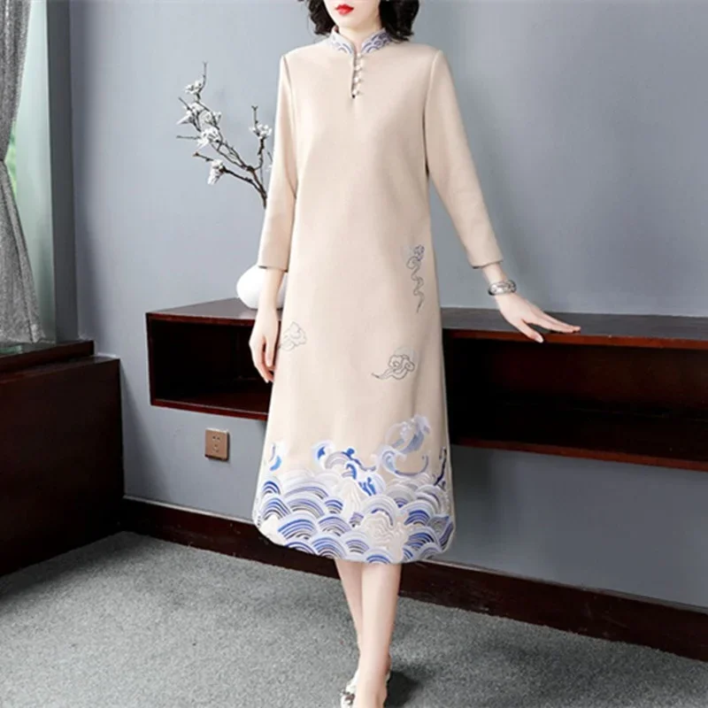 Красное платье-Ципао в китайском стиле с длинным рукавом зимнее теплое флисовое