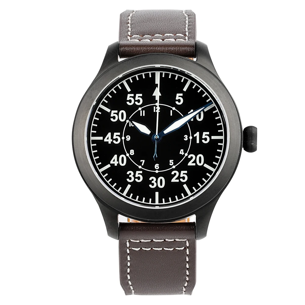 

Watchsives Pilot Watch Men's PT5000 Automatic Mechanical PVD Black Limited Edition 43mm Dial Leather Strap BGW9 Lume 20Bar