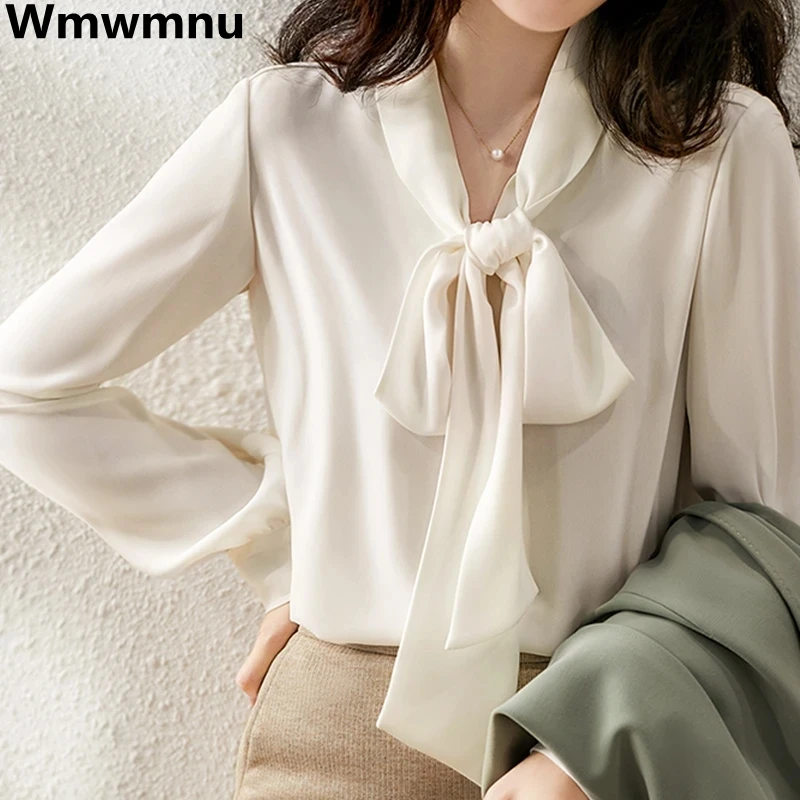 Formal Women Chiffon Bow Blouses Elegant Tops Korean Casual Solid Spring Blousa White Long Sleeve Loose New Fashion Shirts