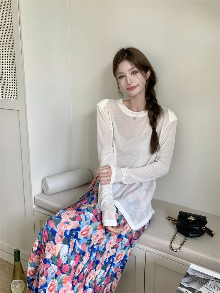 

GP3835 Summer 2023 New Fashion Set Irregular Long Sleeve Top Retro Oil Painting Fragmented Half length Dress