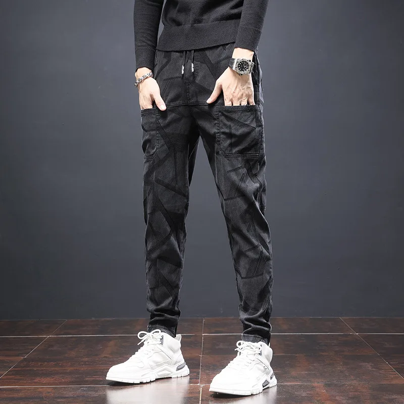 

Мужские модные жаккардовые повседневные джинсы со множеством карманов весна-осень 2021 брюки с эластичным поясом одежда для работы штаны для...