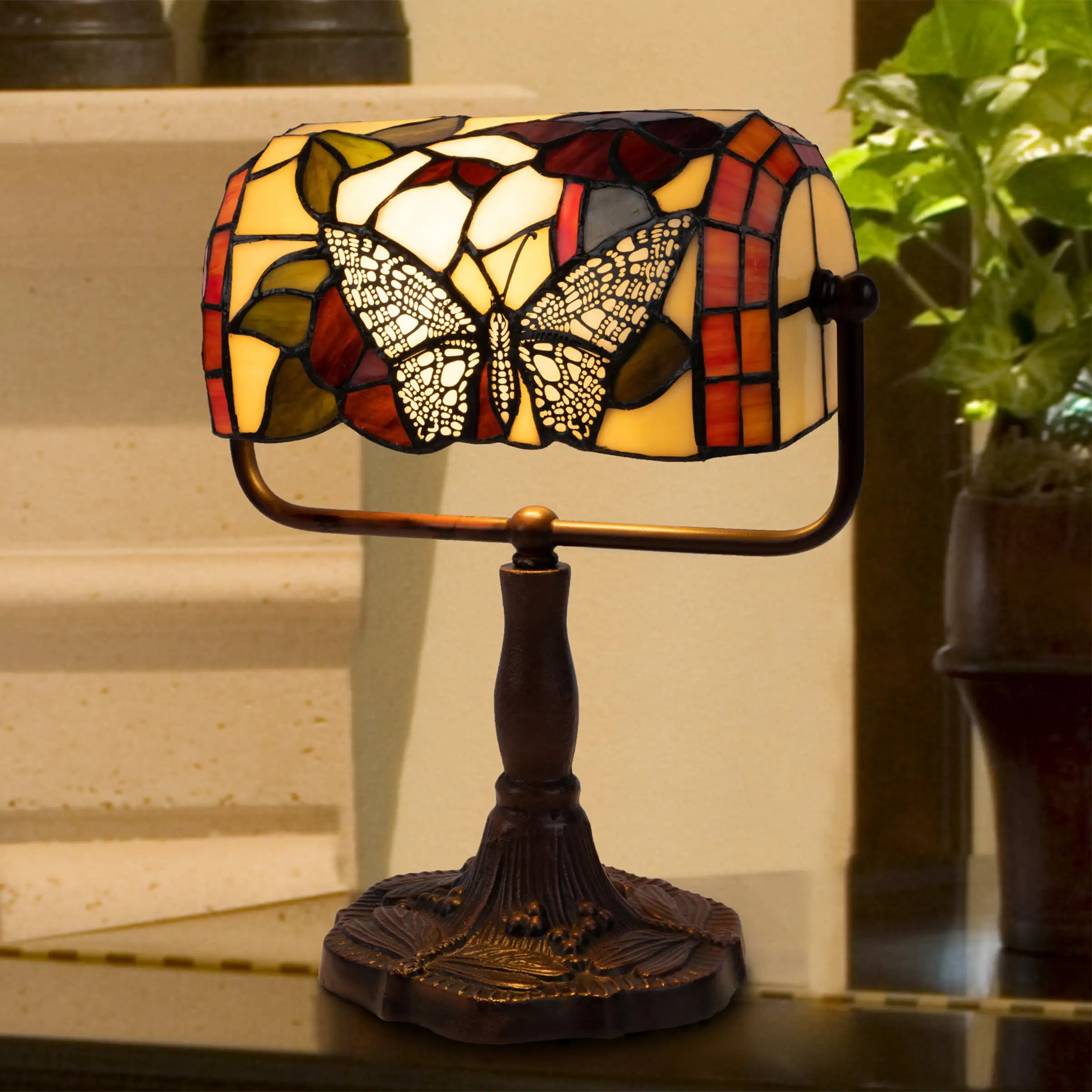 

HMTX Tiffany Style Bankers Lamp-Stained Glass Design Table or Desk Light LED Bulb Included-Vintage Look Colorful Accent Décor