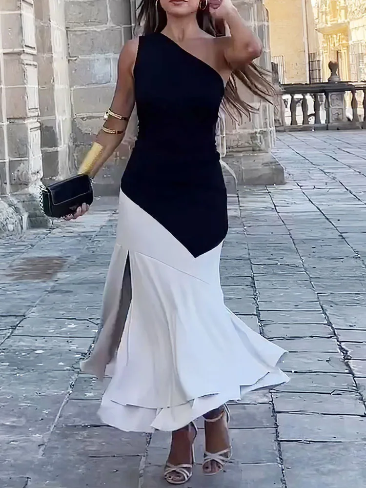 Drauuing женское платье с диагональным воротником в стиле пэчворк черно-белое летнее