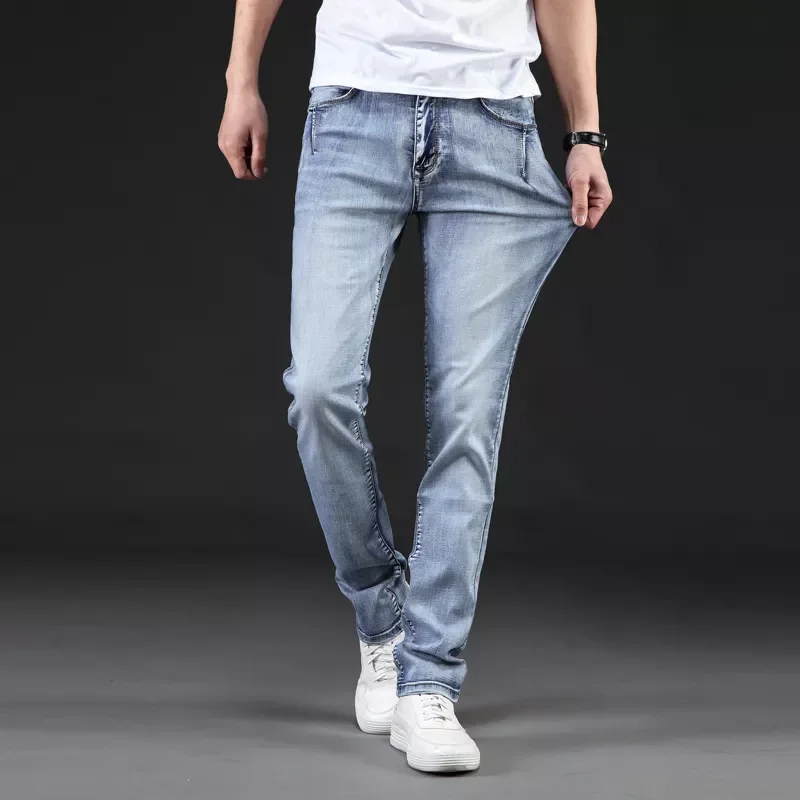 2022New Slim Jeans Men Classical Fashion Elasticity Denim Pants Light Blue Washed Brand Casual Trousers Male Plus Size 40-46