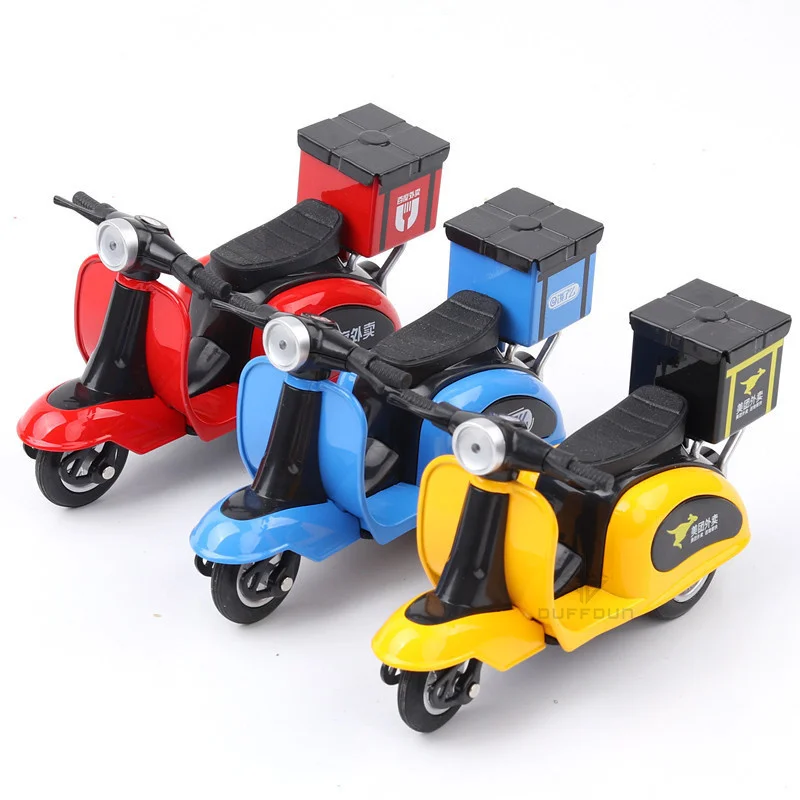 

1/32 Alloy Diecast Takeout Errand Delivery Motorcycle Toy Model Simulation Music Metal Motorcycle Body Pull Back Children Toys