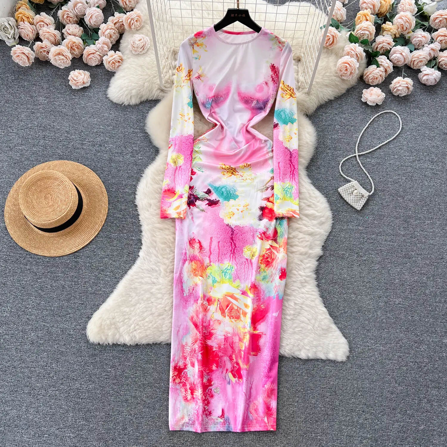 

Autumn Long Print Dress For Women 2023 New Design Tie Dye Printted Slim Fit Wrap Hip Bodycon Long Dress Sprng Casual Daily