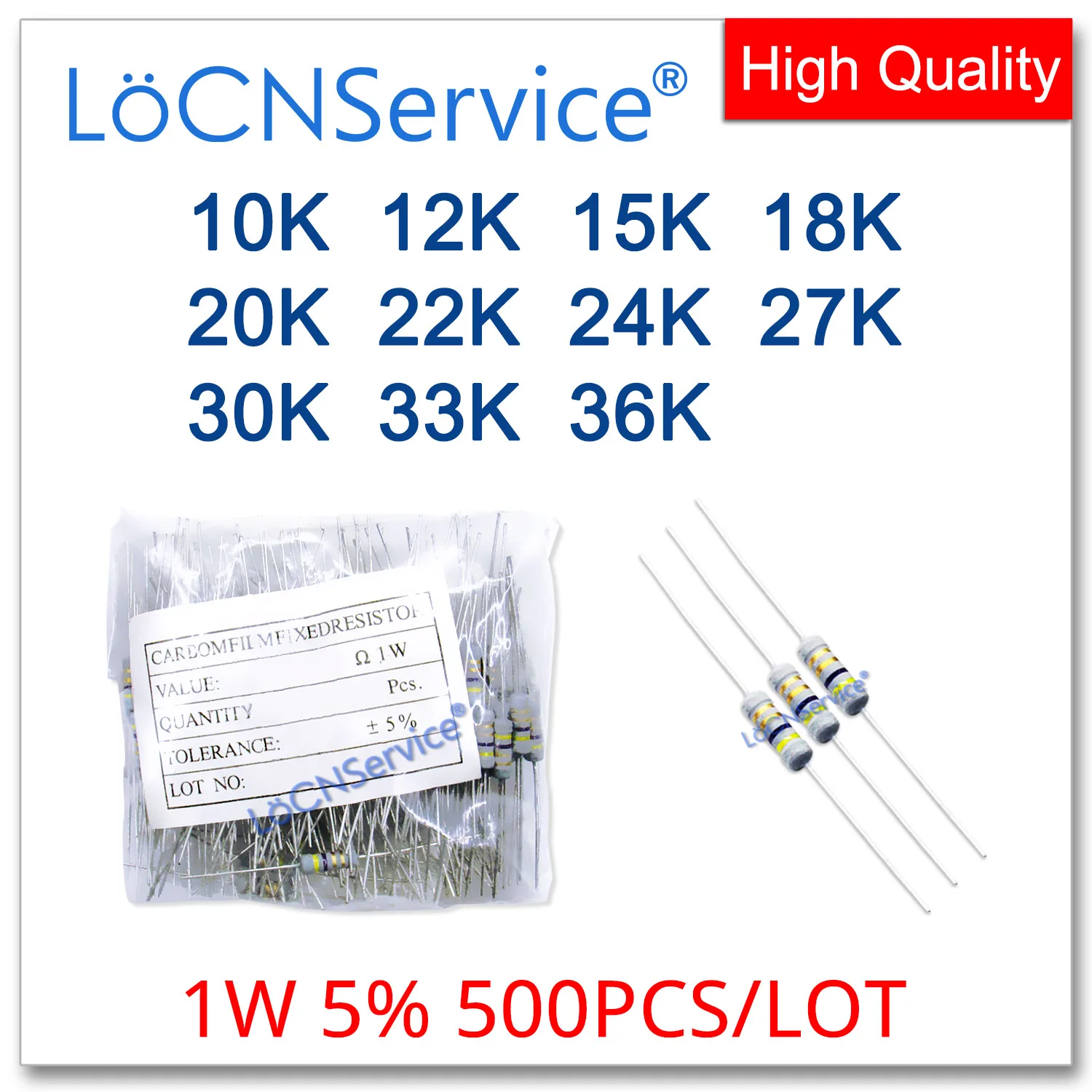 LoCNService 500 шт./лот 5% 1W 10K 12K 15K 18K 20K 22K 24K 27K 30K 33K 36K карбоновый пленочный резистор DIP OHM |