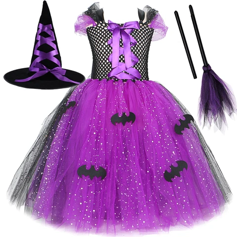 Блестящие костюмы ведьмы на Хэллоуин для девочек, фиолетовая Черная летучая мышь, длинное платье-пачка для детей, карнавальный косплей, наряд с шапкой метлы