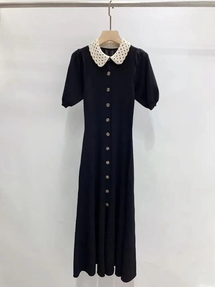 

Женское вязаное однобортное платье, французское вязаное платье с воротником «Питер Пэн» на раннюю осень 2022