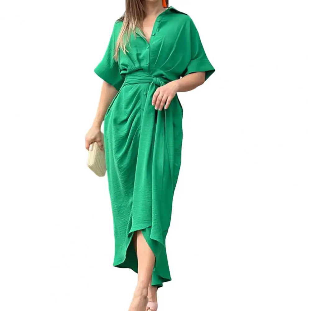 

Summer Women Lapel Short Sleeve High-Waist Single Breasted Shirt Dress Solid Color Waist Lace-up Draped Maxi Dress Lady Clothing