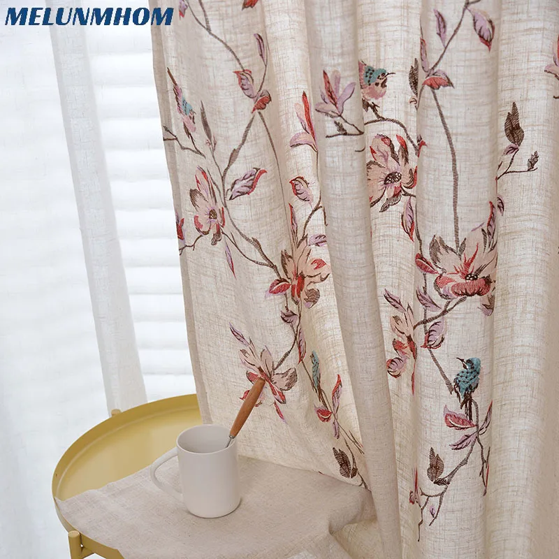 Занавески из хлопка и конопли с вышитыми цветами птицами дизайнерские шторы для