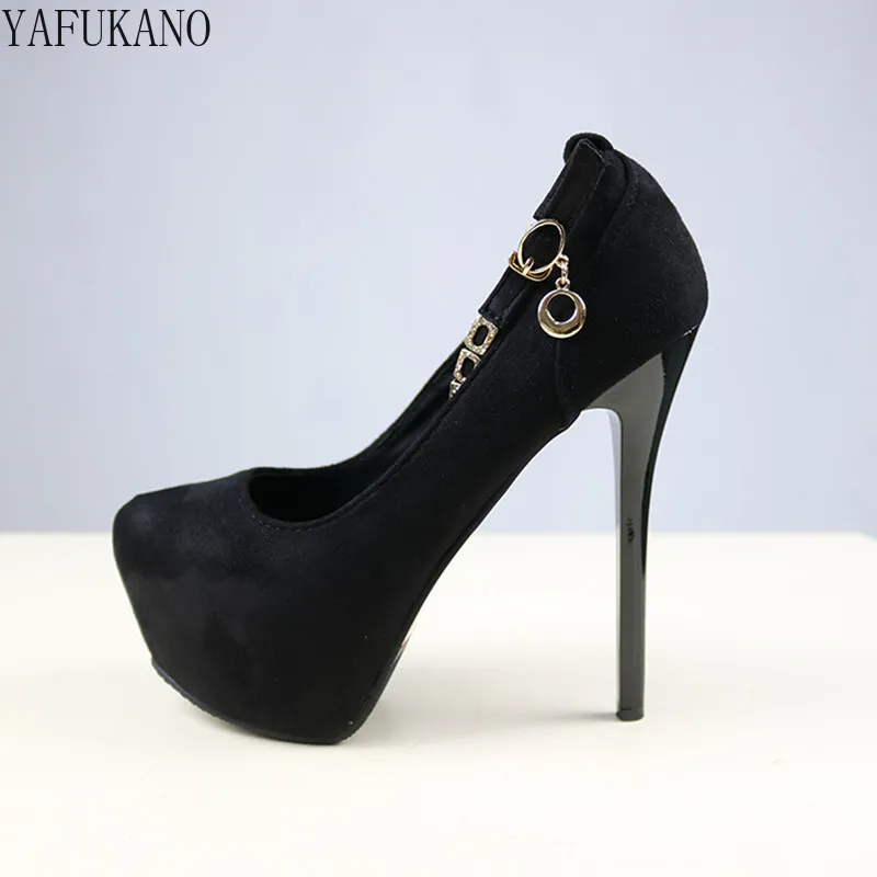 

Rhinestone Chain Ankle Buckle High Heels Solid Flock Thin Heel High Heels 14CM Sexy Super High Heel Platform Pumps Party Catwalk