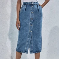 blue denim midi skirt 2021 summer women high waisted button up with pockets ladies washed vintage slit jean skirts streetwear