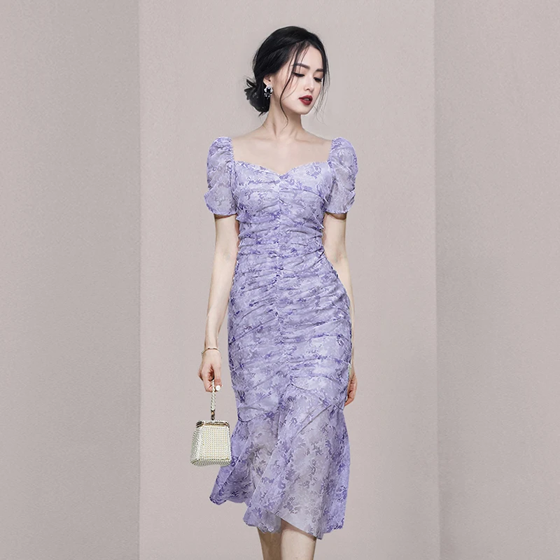 

Runway Elegant Summer Flower Chiffon Dress French Women Square Collar Floral Print Purple Puff Sleeve Bodycon Mermaid Midi Dress