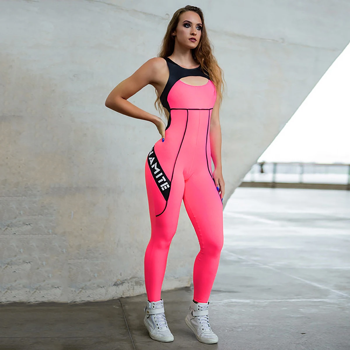 

Female Sportswear Backless Pink Sleeveless Letter Print Split-Joint Hollowed Yoga Sports Jumpsuits for Women 2023 New
