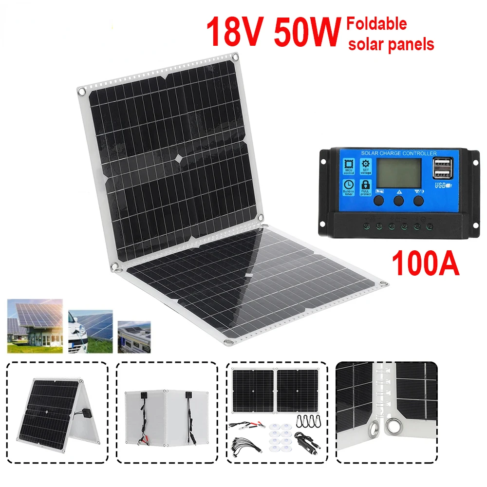 

18V 50W Solar Panels Kit 100A Foldable DC/USB With Controller Monocrystalline For Car Yacht RV Boat Moblie Phone Battery