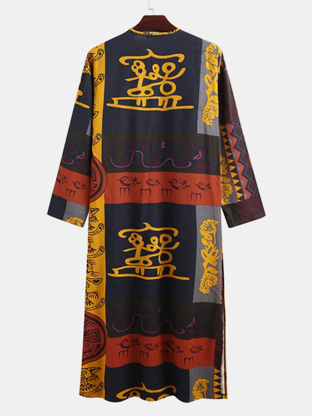 Southeast Asian Mens Casual Oracle Bone Inscriptions Elephant National Print Long-sleeved Robe Dubai Robe Ropa Islamica Hombre