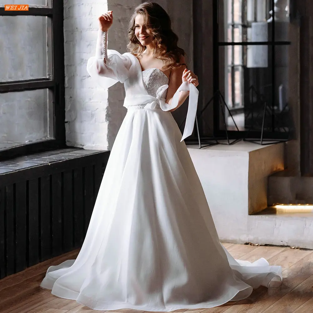 

One Shoulder Beaded Wedding Dress Fashion Women Removable Puff Sleeve Robe De Mariee Sweep Train Bride Gown свадебное платье