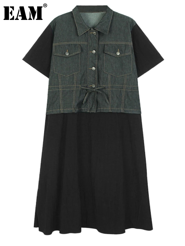 [EAM] Women Black Denim Drawstring Big Size Dress New Lapel Short Sleeve Loose Fit Fashion Tide Spring Summer 2023 1DF9742