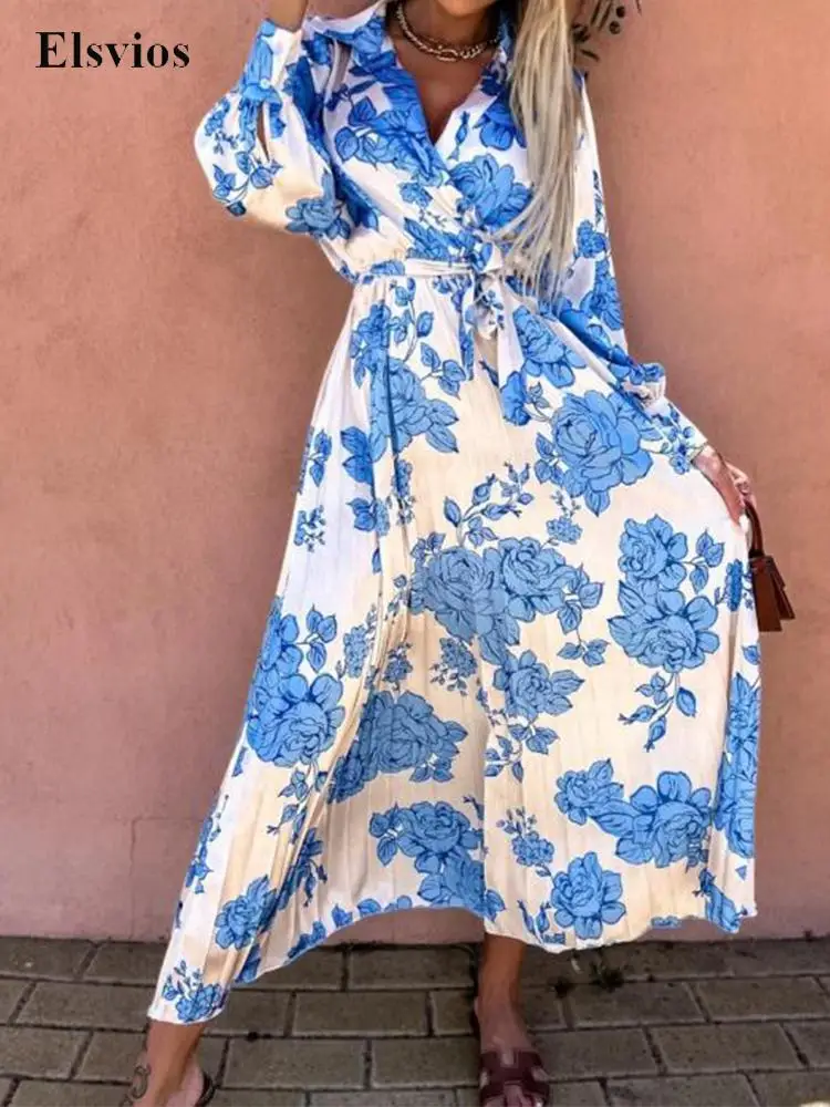 

Casual Fashion Flower Print Pleated Long Dress Women Long Sleeve Lace-Up Boho Beach Dress Lady Elegant Sexy V Neck Party Dresses