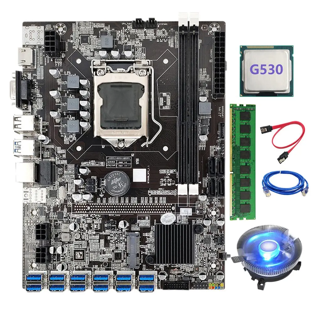 

B75 ETH Mining Motherboard 12 PCIE to USB LGA1155 with G530 CPU+DDR3 4GB 1600Mhz RAM+Cooling Fan B75 BTC Miner