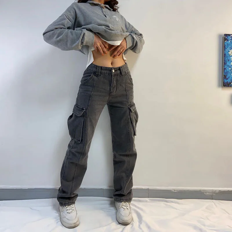 

Gray Cargo Pants Baggy Jeans y2k Hip Hop Streetwear More Pockets Spring Female Vintage Denim Trousers Overalls
