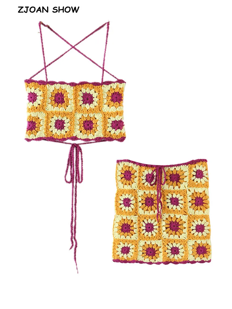 

Комплект в стиле бохо на завязках с открытой спиной, цветная клетчатая вязаная кофта ручной работы, Женский корсет, короткий топ, мини-юбка с...