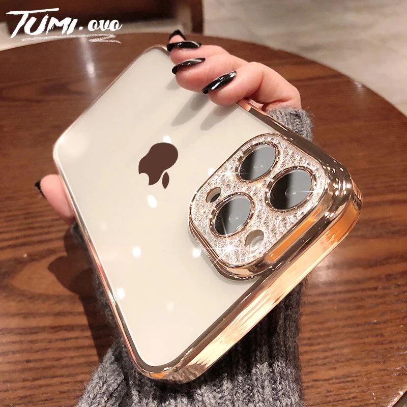 

Luxury Glitter Diamond Clear With Lens Protector Case For iPhone 14 13 12 11 Pro Max XR XS X 8 7 Plus Clear Silicone Black Cover