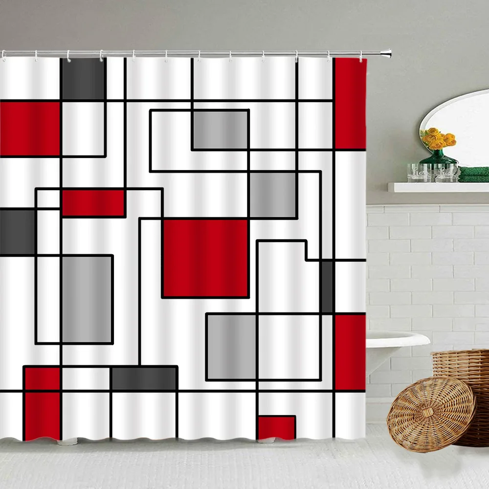 

Креативная Геометрическая занавеска для душа, черная линия, красная, серая решетка, сращивающаяся занавеска для ванной, современная проста...
