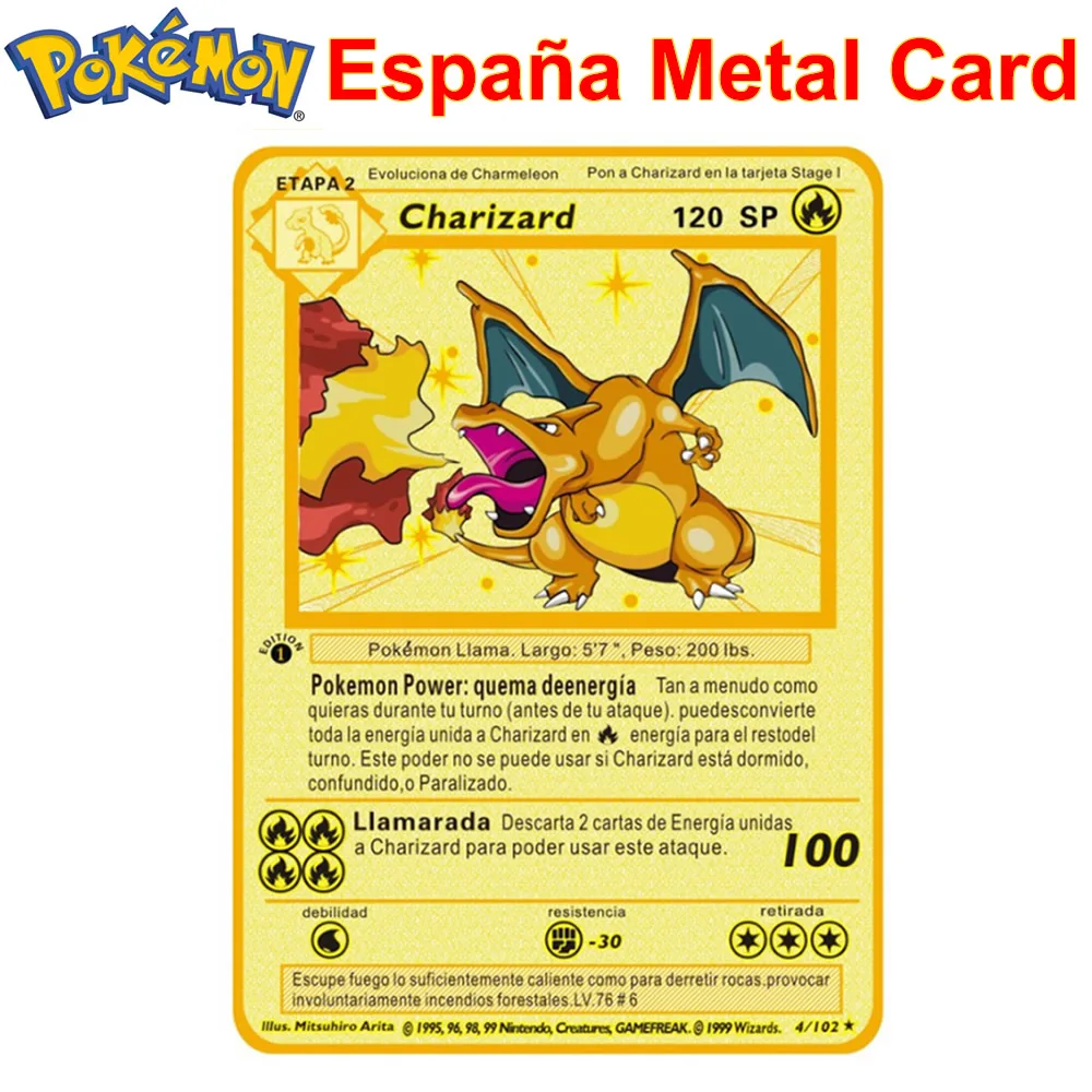 

26 Style Spanish Pokemon Letters Metal Cards España Charizard Pikachu Collection Gold Iron Card GX V VMAX Game Kids Toy Gift