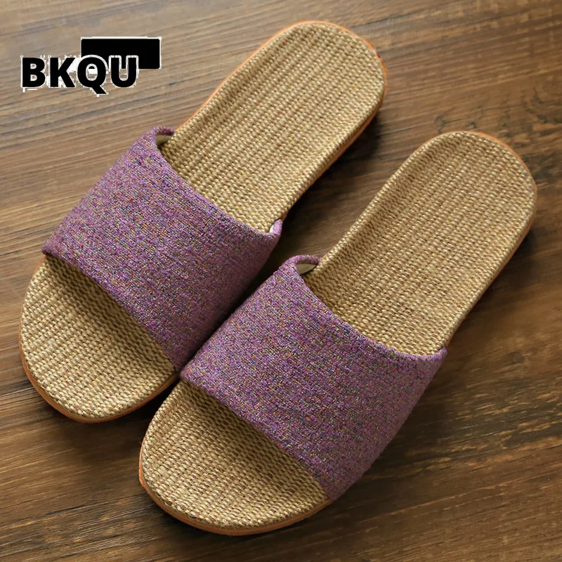 

BKQU Linen Women Shoes Color Matching Leisure Indoor Floor Shoes Summer Home Slippers Ladies Open Toe Slippers Flat Shoes