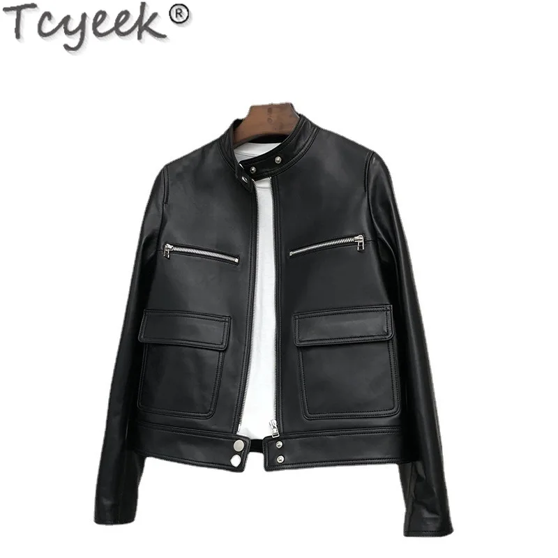 Tcyeek Real Leather Jacket Sheepskin Women's Motorcycle Leather Jacket Spring Autumn Black Short Trendy Coats Jaqueta Feminina