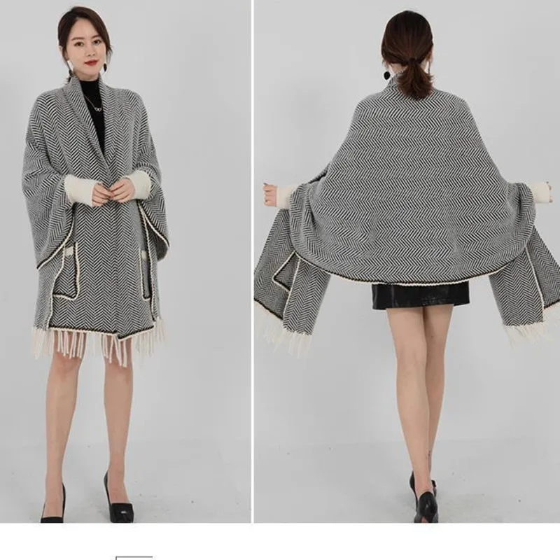 Вязаный свитер для женщин шаль модный кардиган с карманами и кисточками накидка