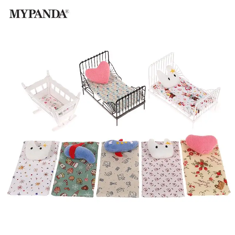 

1Set 1:12 Dollhouse Miniature Iron European Bed Cradle Bed With Mattress Cushion Hanging Model Toys Furniture Bedroom Decor Toy