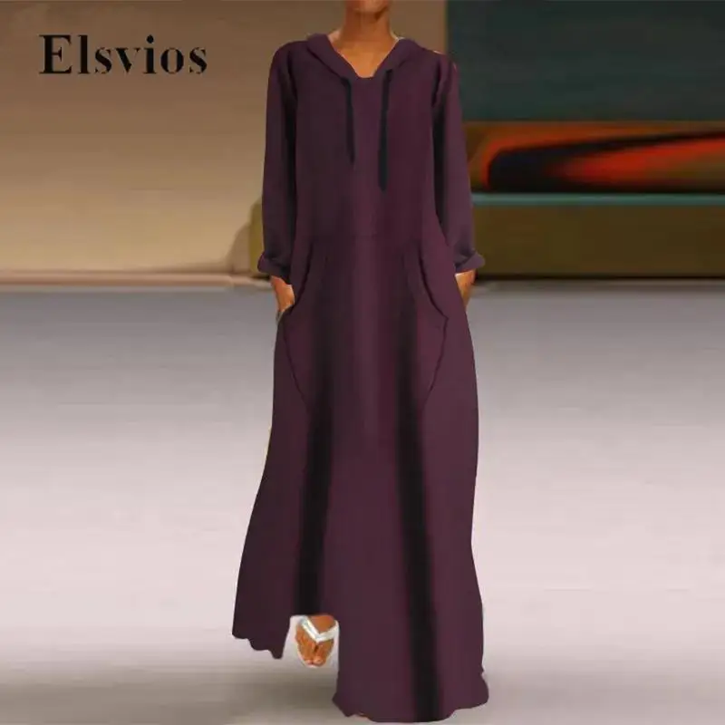 

2023 Women Hooded Solid Pockets Loose Maxi Dress Fashion Casual Sweatshirt Long Dress Vintage Female Long Sleeve Pullover Dress