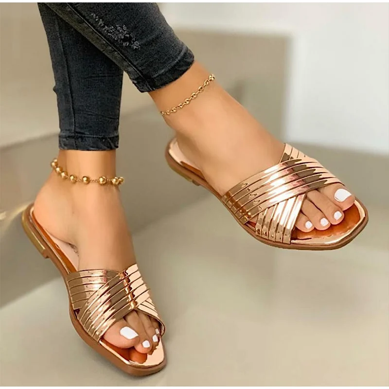 

Ladies Slippers Beach Summer Shoes 2020 New Women Slip on Bling Gold Flat Slides Outdoor Shoes Female Casual Sandals Plus Size